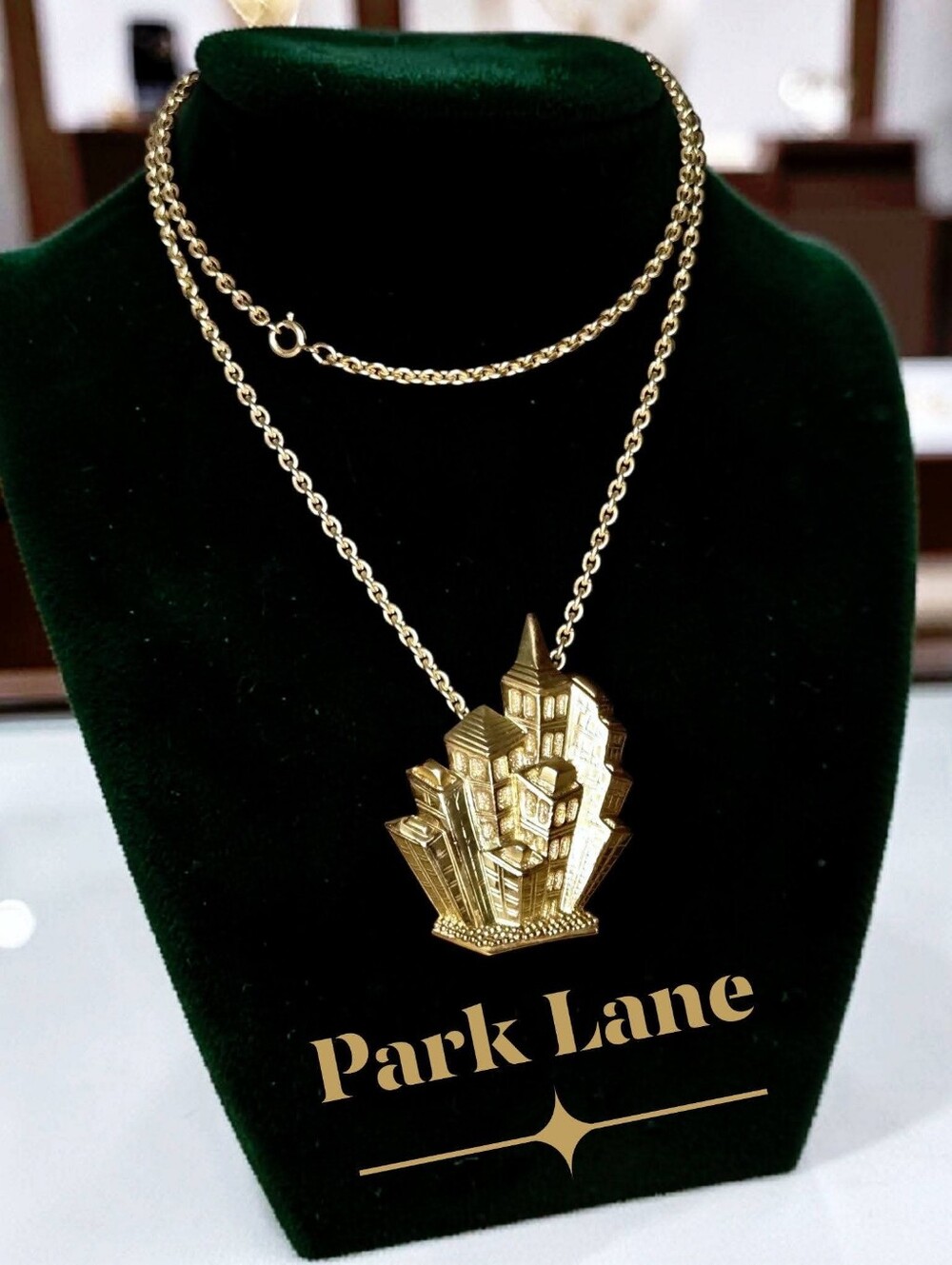 Vintage Signed Park Lane Art Deco City Skyline Skyscraper Convertible Pendant Ne